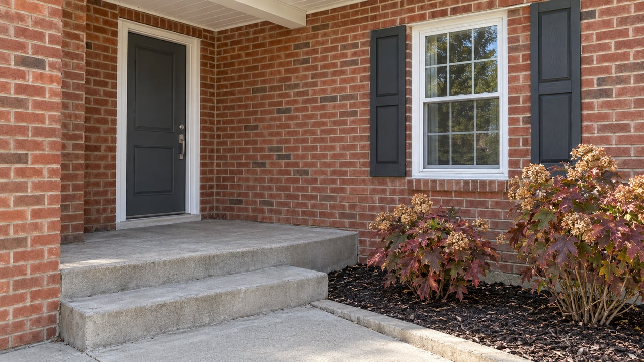 Red-brick home entry with a charcoal door, white-trimmed window, concrete steps, and burgundy oakleaf hydrangeas.