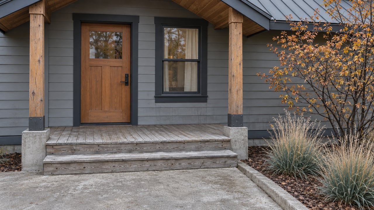 Gray-sided cottage entry with a timber porch, weathered steps and copper-gold serviceberry leaves in soft October light.