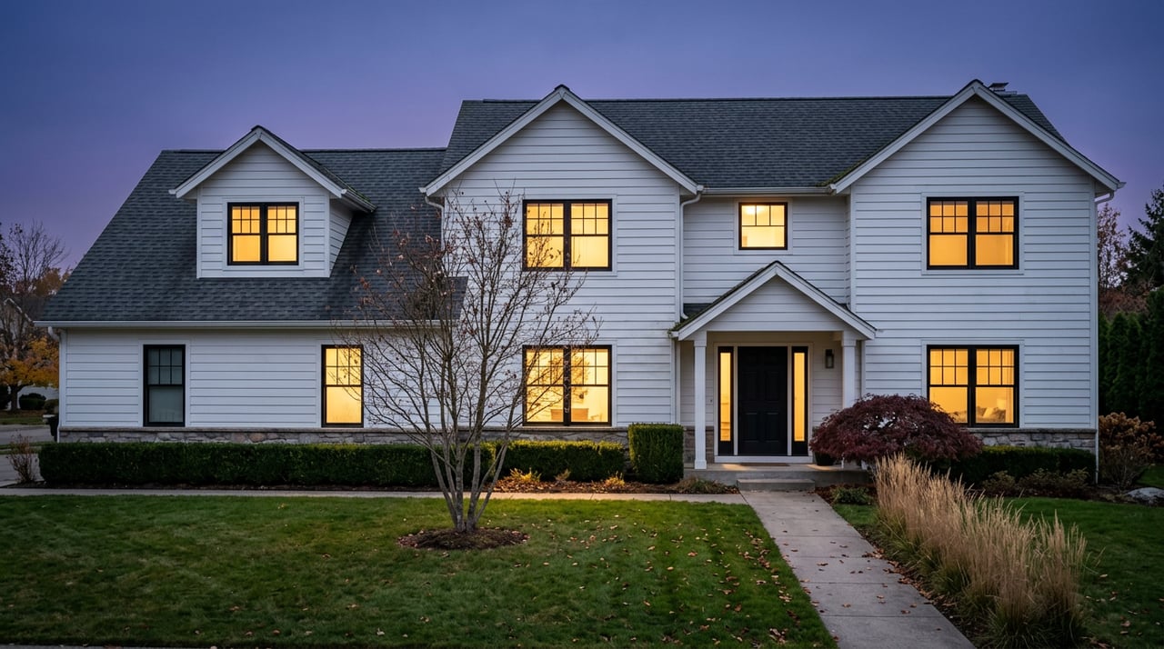 Two-story white-sided home at dusk, with warm glowing windows, a multi-gabled roof, and a landscaped lawn.