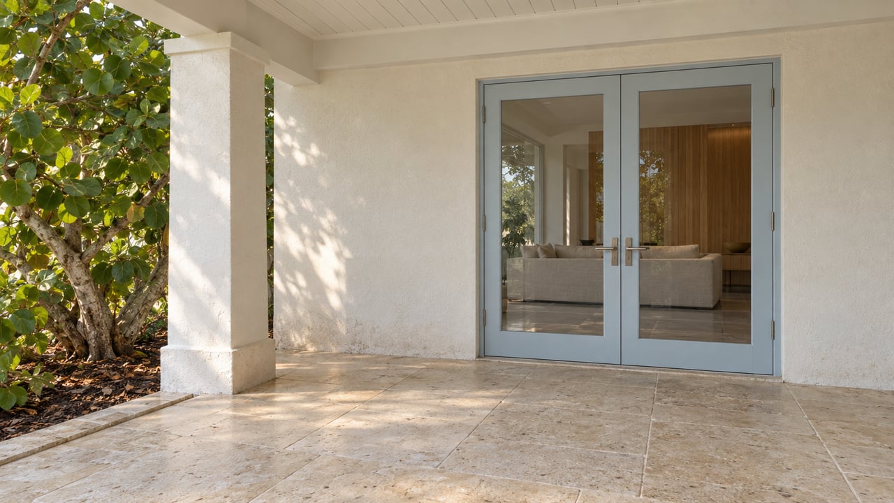 A shaded limestone veranda with pale-blue glazed double doors, white stucco and a sea grape tree beside the raised paving edge.