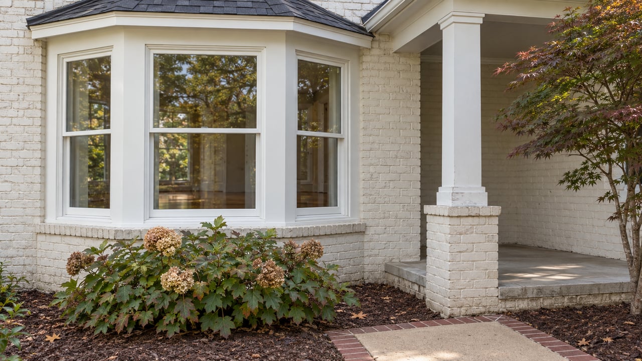 Close view of a painted-brick home's glazed window bay and covered porch, with oakleaf hydrangea and a Japanese maple.