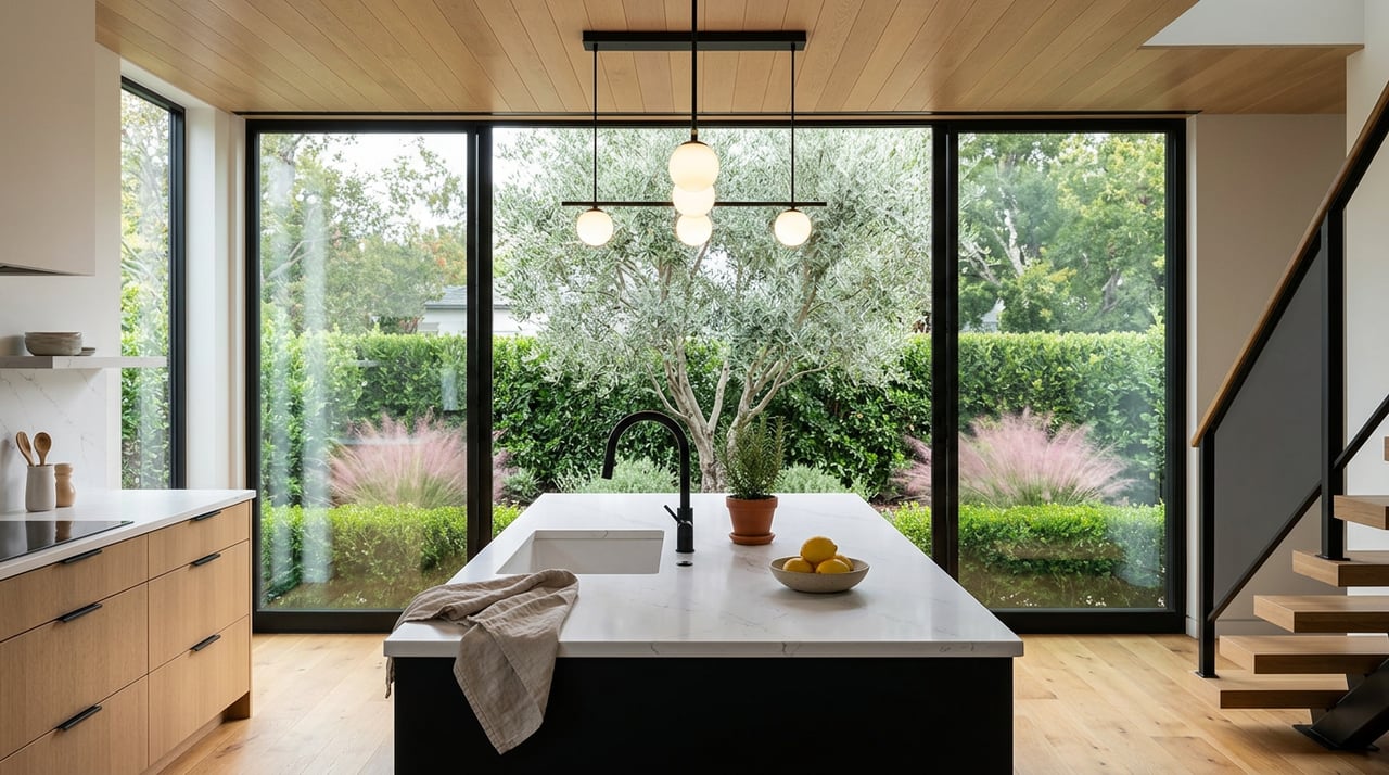 White oak kitchen island with black waterfall edge faces a glazed garden wall; a black three-globe pendant hangs overhead.
