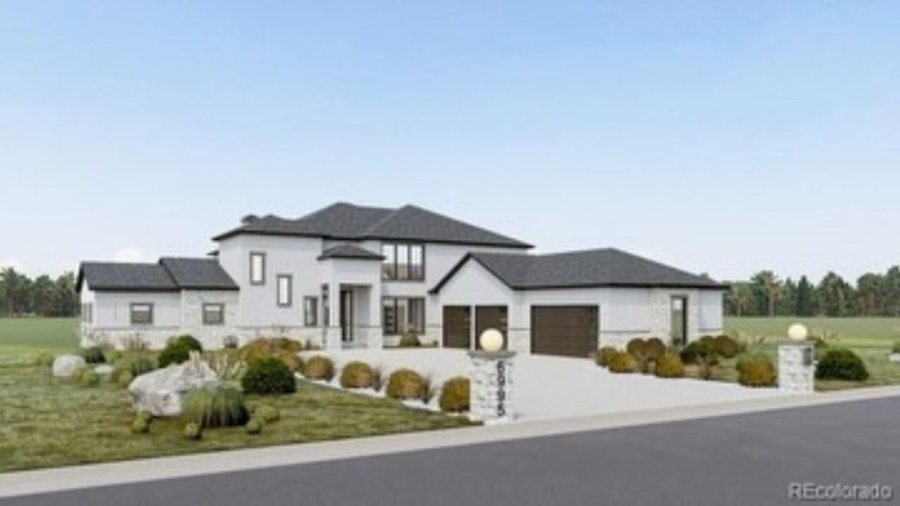 Architectural rendering of $3M custom luxury home exterior on one-acre lot with grand entry, stone accents, and four-car garage.