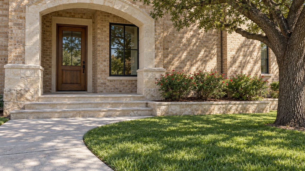 Buff-brick home with a limestone arched entry, oak door, broad stone steps and a sunlit lawn beneath a mature bur oak.