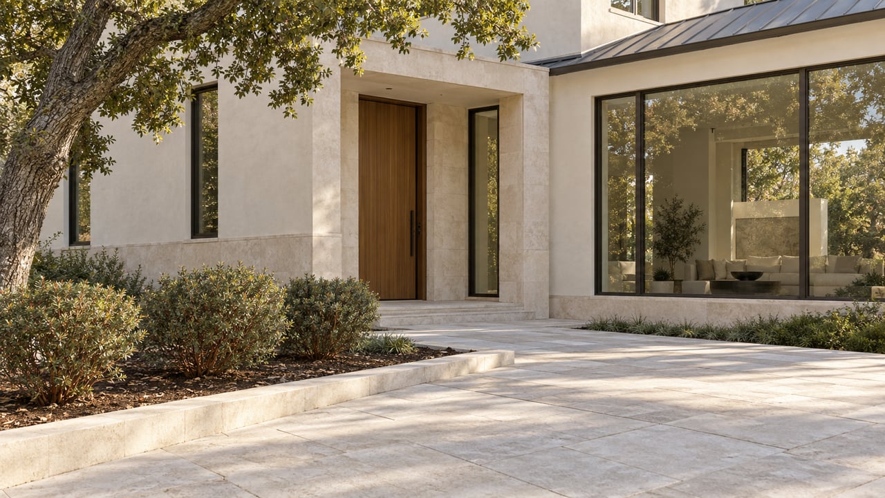 Detached stucco home with a limestone approach, dark-framed windows, and oak branches overhead.
