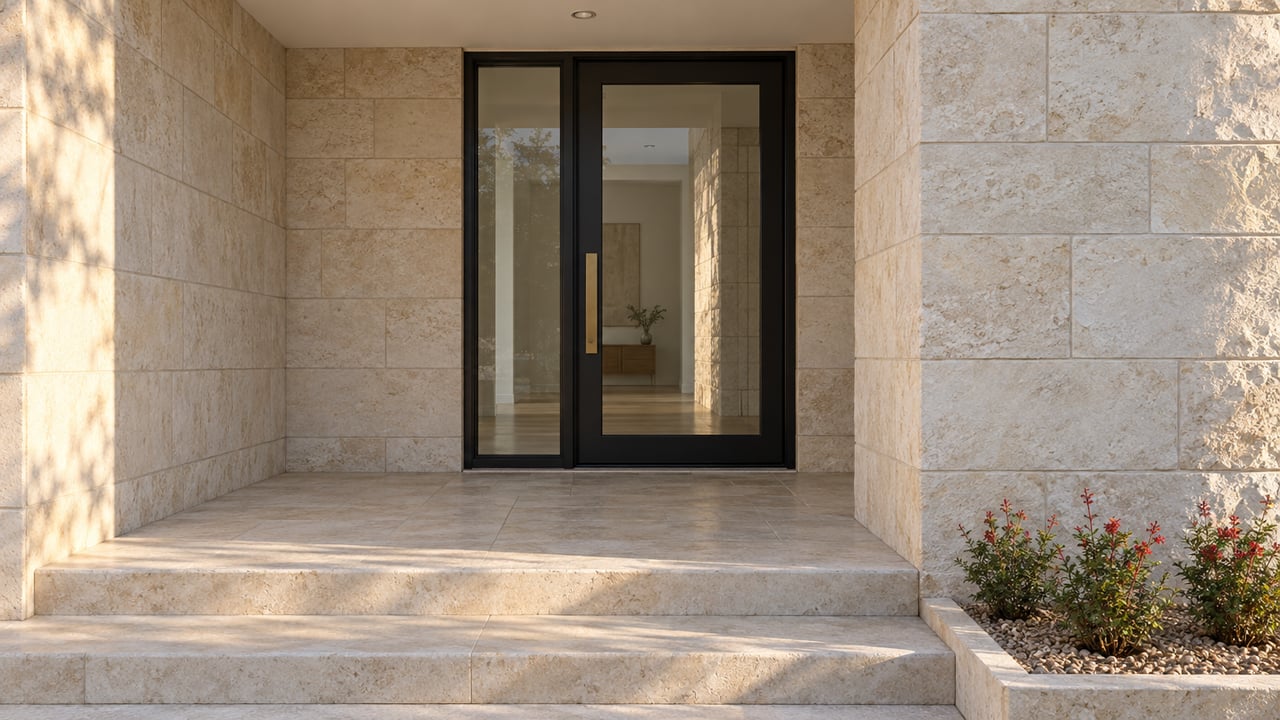 Cream limestone entry with a black-framed glass door, brass handle, broad stone steps and red-flowering autumn sage.