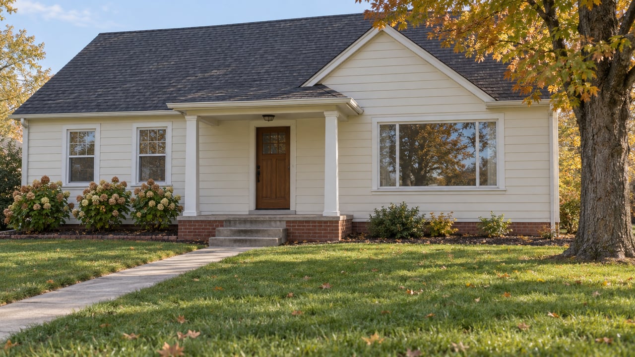 Cream clapboard house with a gabled shingle roof, small front porch, broad lawn and an autumn sugar maple.