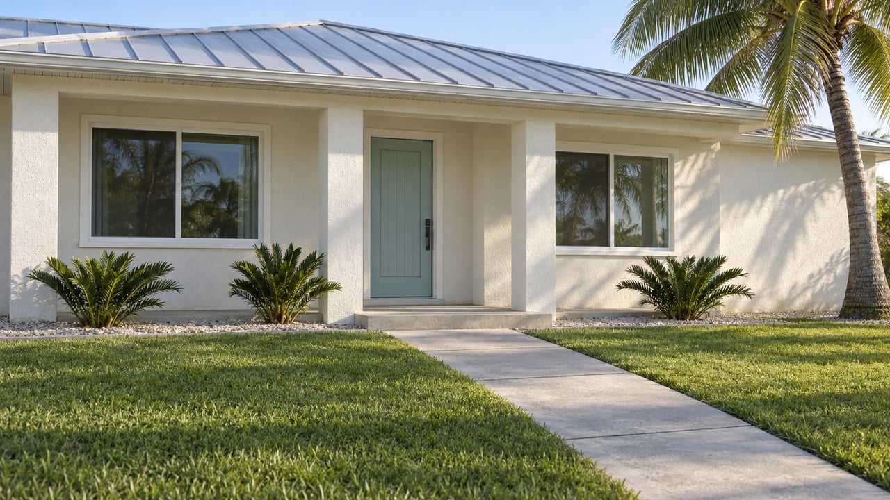 Morning light on a single-story white stucco home with a pale metal roof, sea-glass-colored front door, deep lawn, and a curved coconut palm.