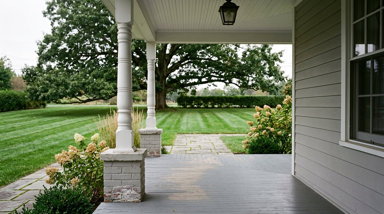 White turned porch post beside gray decking, with a bluestone walk leading across a striped lawn to a broad oak.