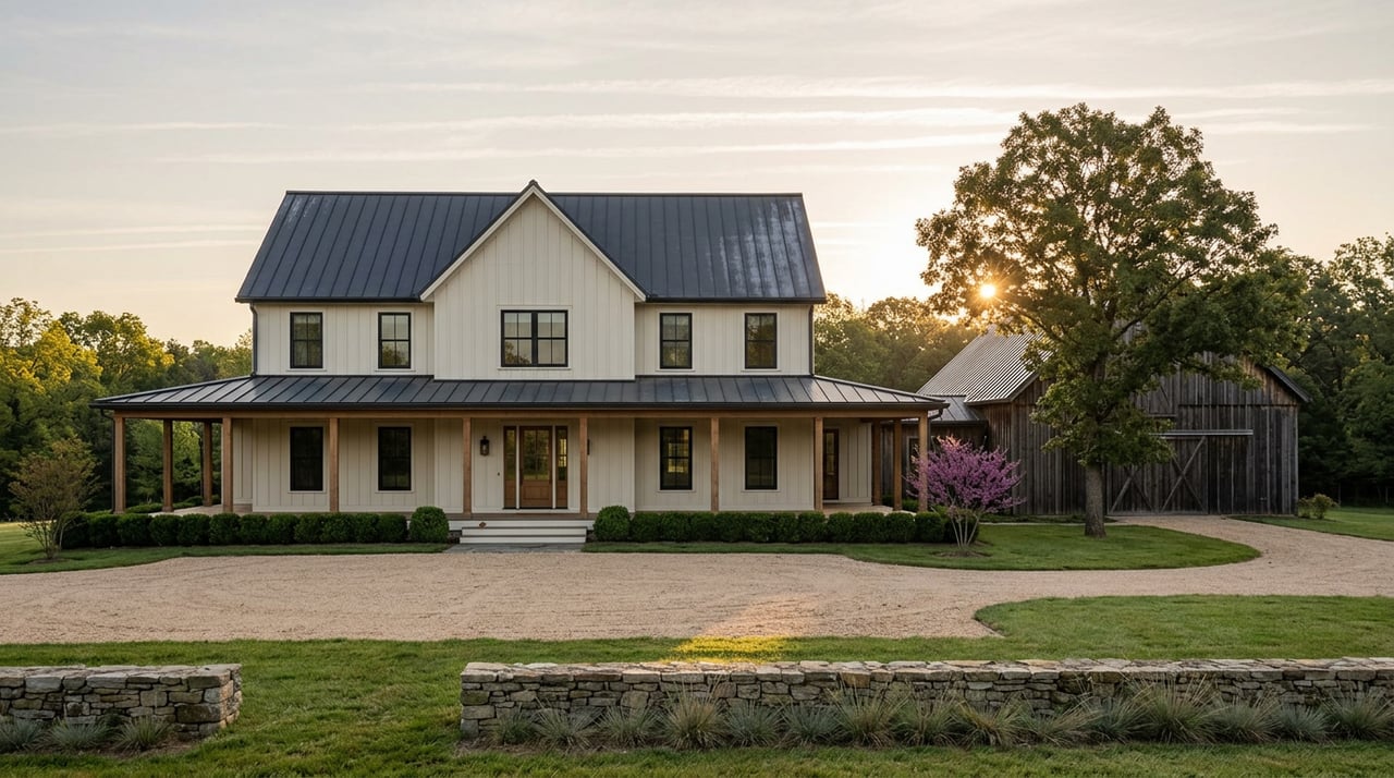 White farmhouse with dark gable roof and covered porch, oak beside a weathered barn.
