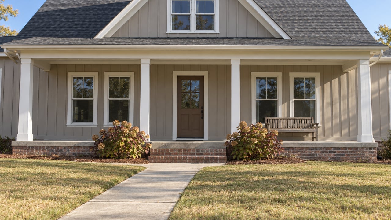 Taupe board-and-batten home with a covered white-post porch, brick foundation, autumn lawn and two oakleaf hydrangeas.