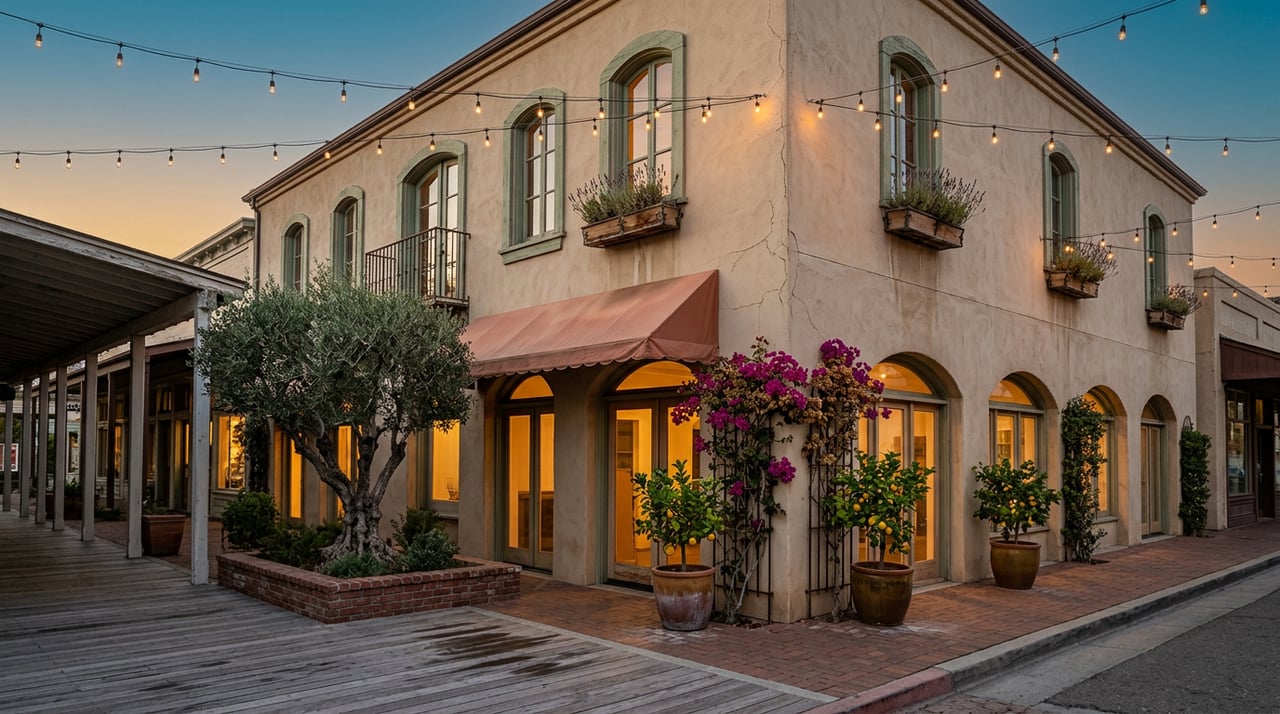 Stucco storefront with glowing arched windows, string lights, potted citrus, and wooden boardwalk at dusk.