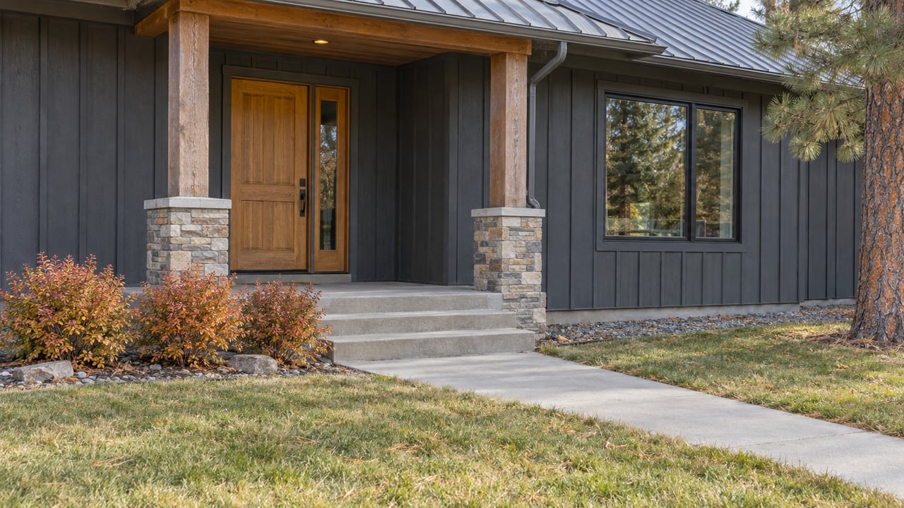 Autumn lawn and concrete path leading to a timber-post porch on a charcoal wood-sided single-story home.