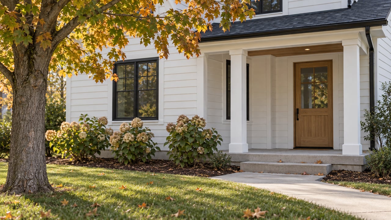 White-sided home with oak entry, porch steps, and an amber-and-green maple tree.