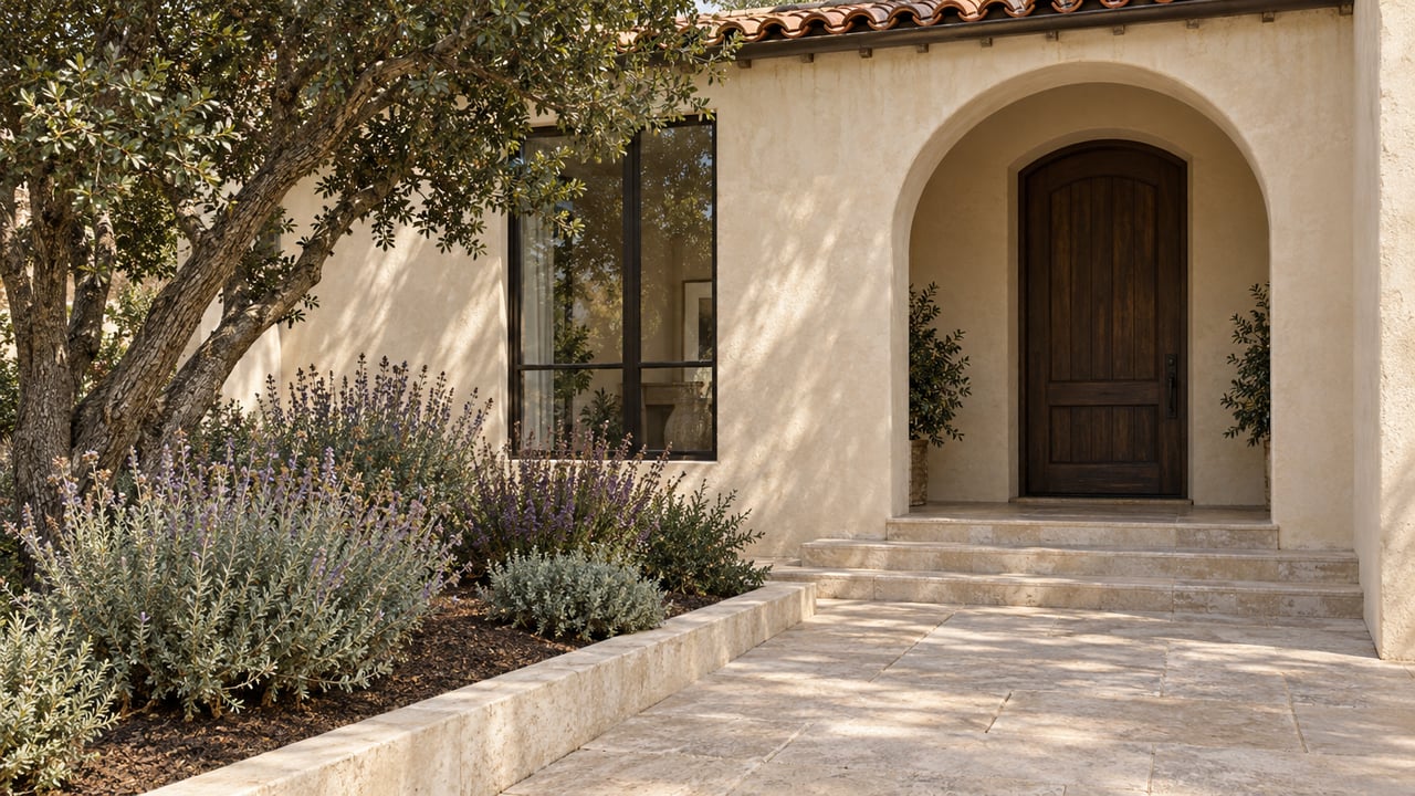 An arched stucco home entrance with a dark oak door, limestone steps, and an oak-shaded garden of flowering sage.