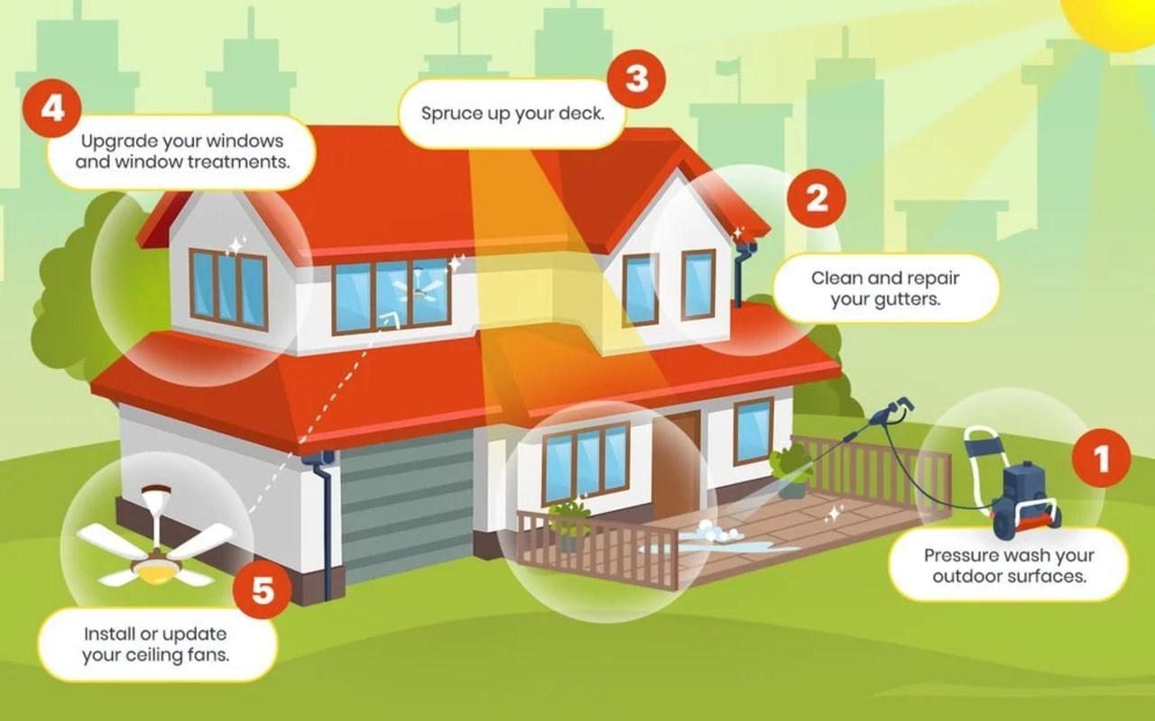 Illustrated house infographic listing five summer home improvement projects.