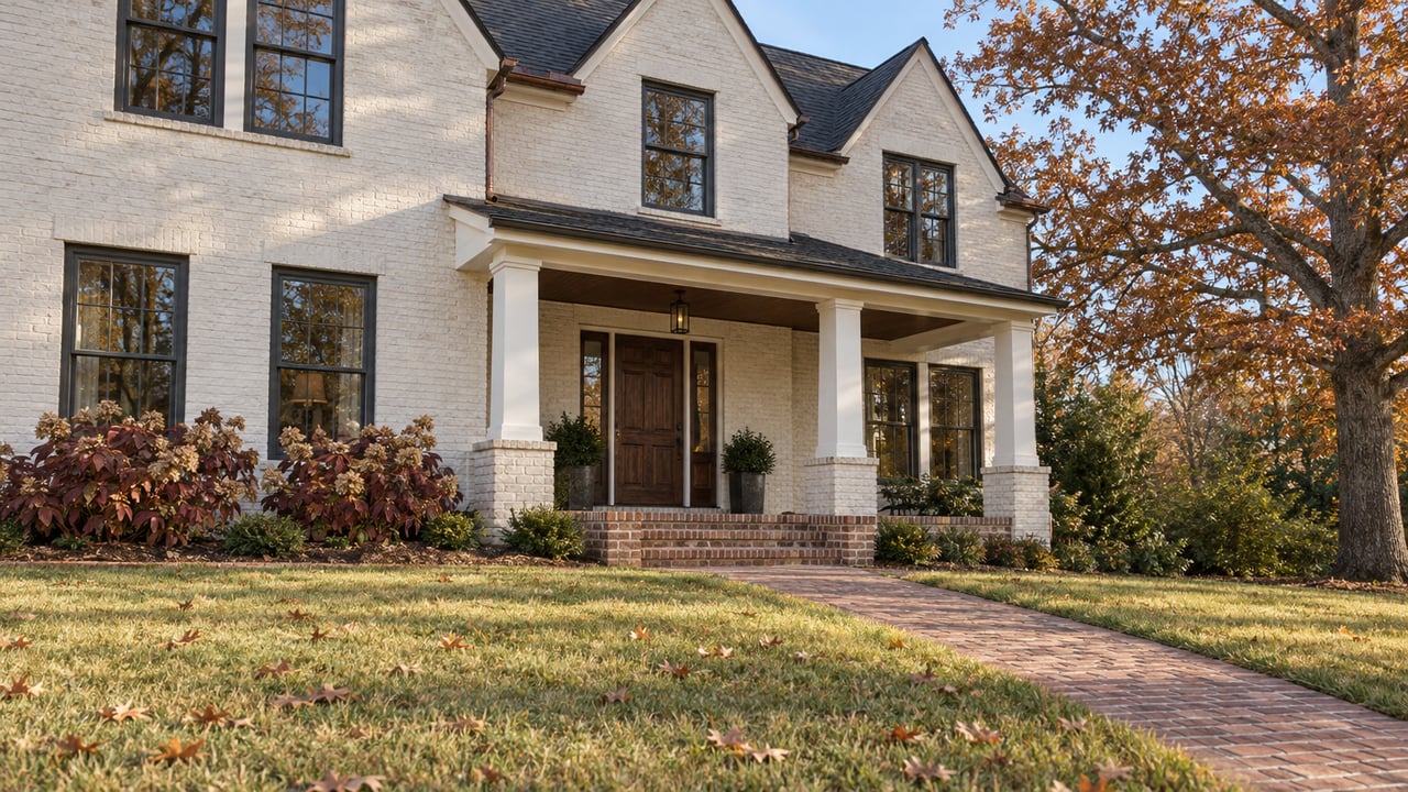 White-painted brick home beyond a broad autumn lawn, with a brick approach, shaded porch and russet white oak.