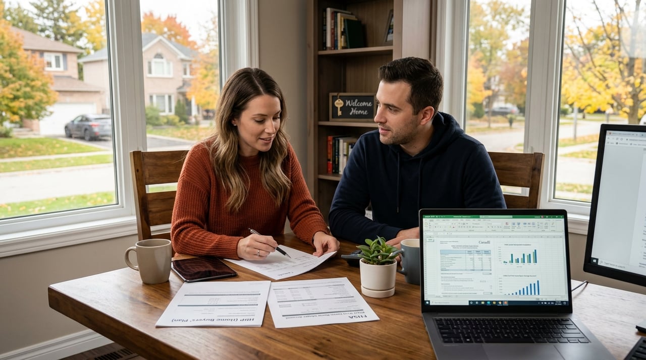 Couple reviewing home-buying paperwork at a table beside large windows.