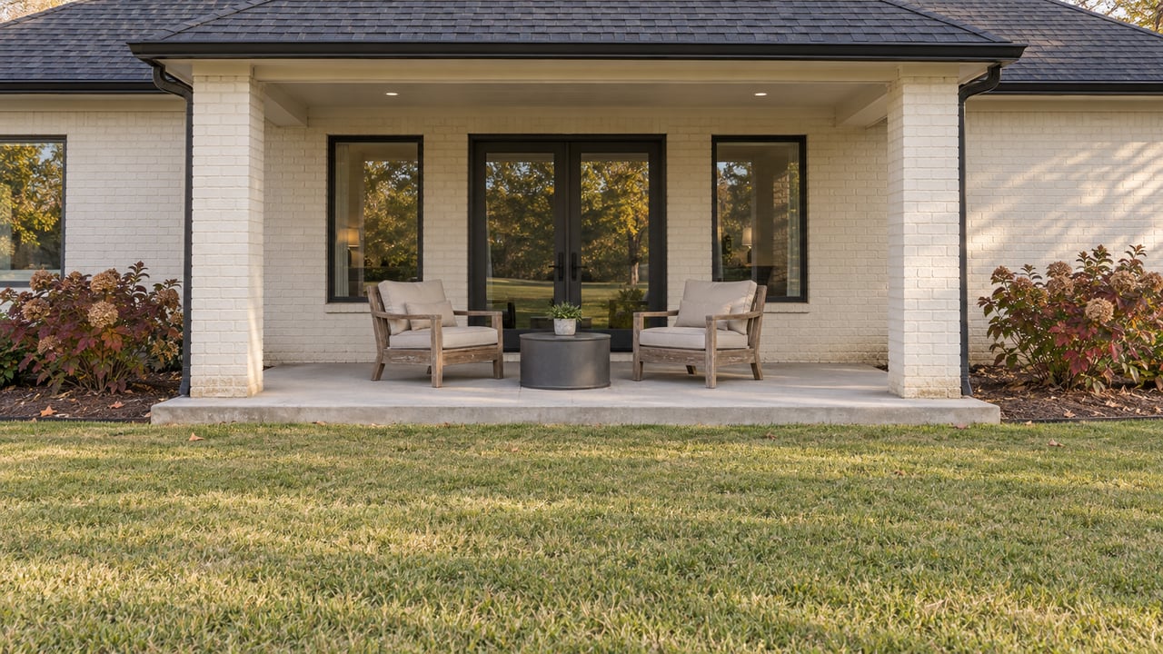 Light-brick home with a covered patio, two teak chairs, autumn oakleaf hydrangeas and a broad lawn.