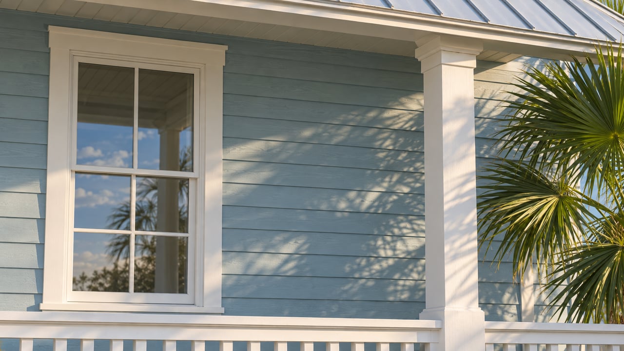Coastal house corner with sea-glass-blue clapboard, a white divided-light window, porch column, and palm fronds.