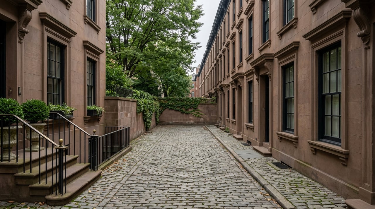 Cobblestone lane between sandstone row houses, ending at an ivy-covered wall beneath a leafy tree.