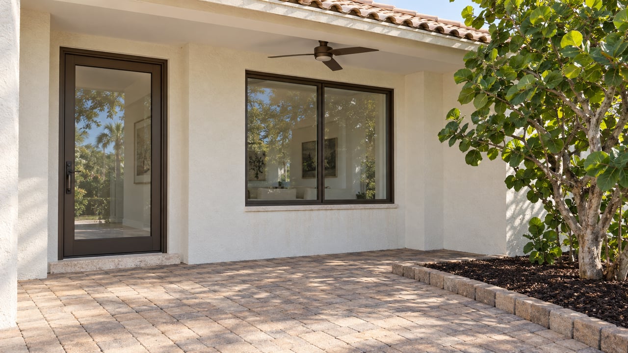Sunlit pale stucco home entry with a tiled roof, bronze-framed glass door, sand-colored pavers and a sculptural sea grape tree.