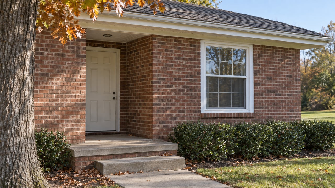 Brick ranch entry with cream door, white-trimmed window, concrete steps, and an oak with amber leaves.