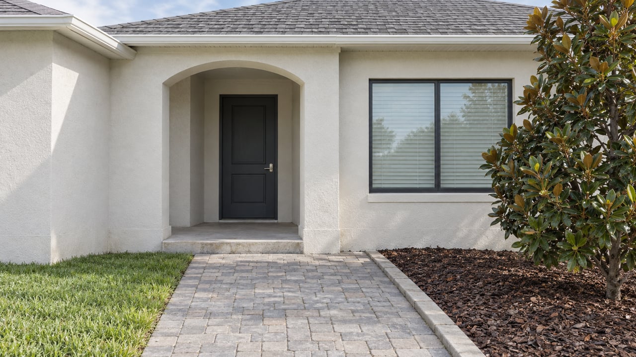 Light stucco home with a shaded arched entrance, charcoal door, gray paver approach and a small flowering magnolia tree.
