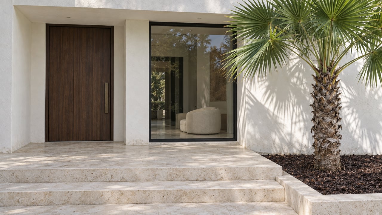 White stucco home entry with a dark teak door, limestone steps, large glazed window, and a sculptural fan palm.