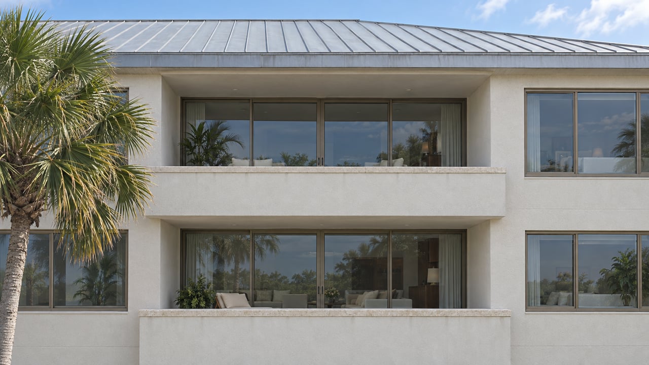 Pale stucco condominium terraces beneath a shallow silver metal roof, with bronze-framed glazing and a single fan palm.