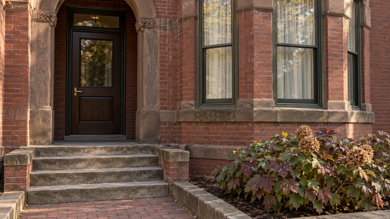 Weathered red-brick rowhouse entrance with sandstone steps, dark wood door, bay windows and an oakleaf hydrangea.