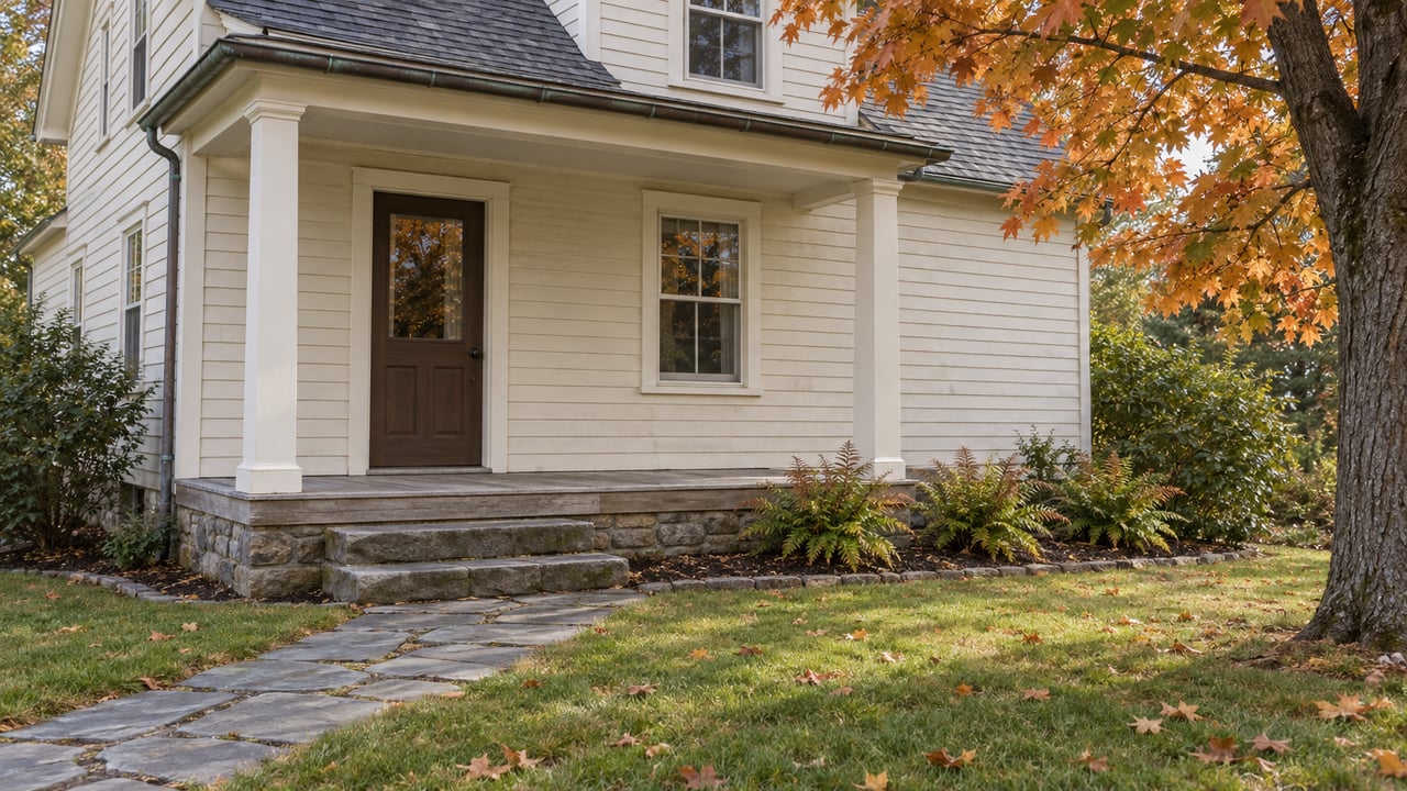 Cream clapboard farmhouse porch with bluestone steps, an autumn lawn and a copper-orange maple in soft afternoon light.