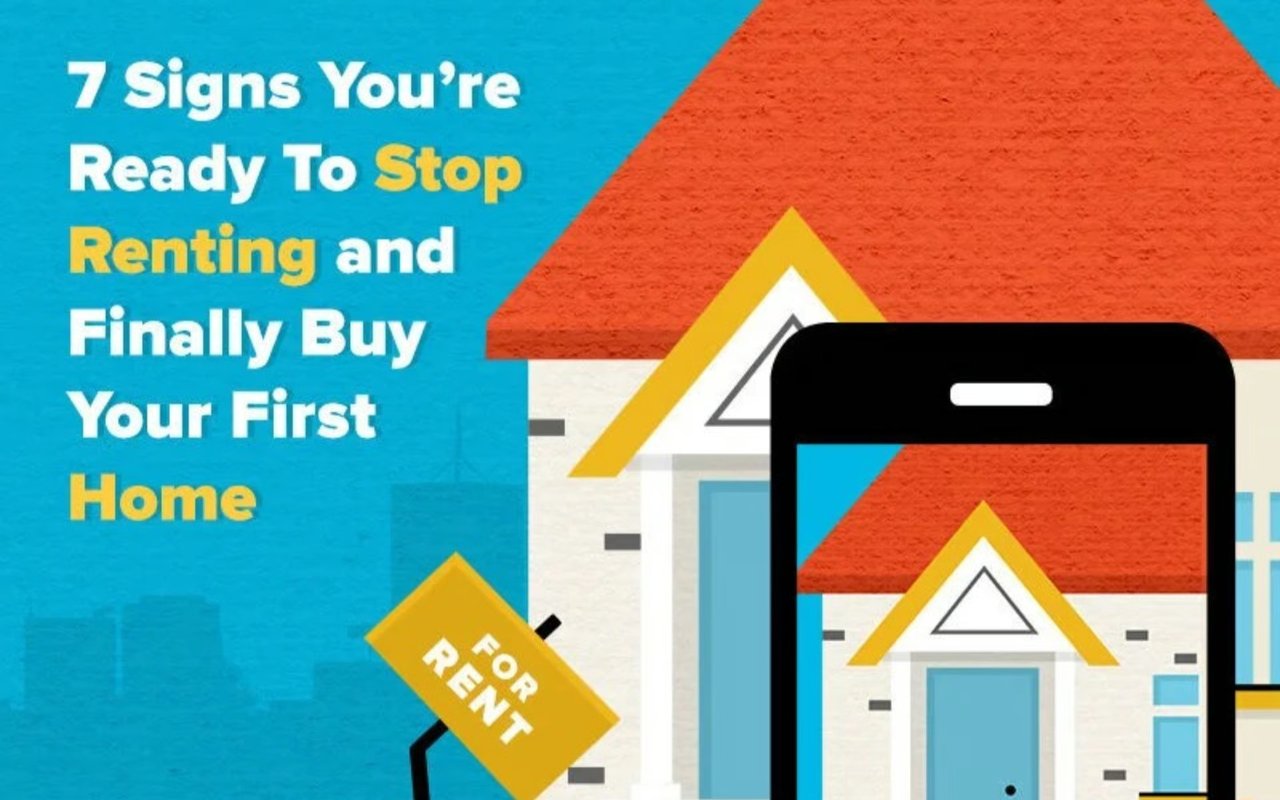 Graphic about signs you’re ready to buy your first home, with a house, smartphone, and For Rent sign.