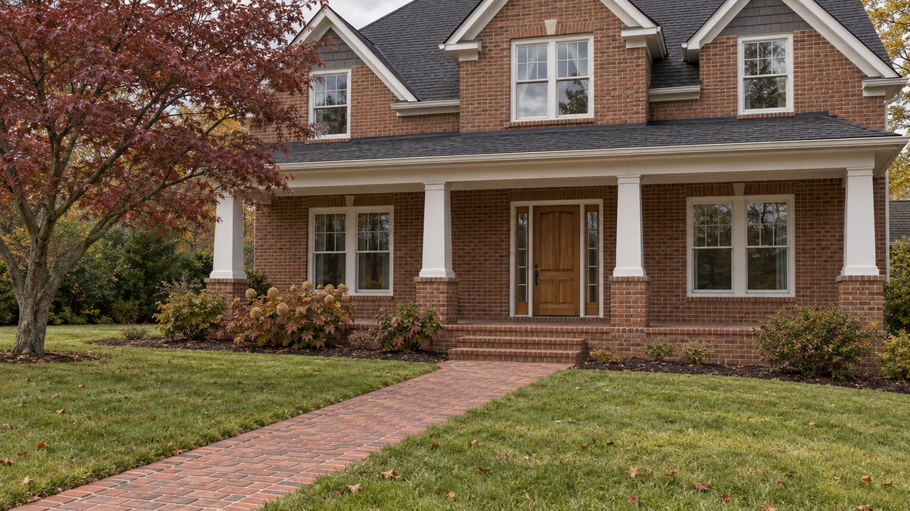 Red-brick home with a broad covered porch, oak entry door, deep autumn lawn and a brick walkway beside a dogwood tree.