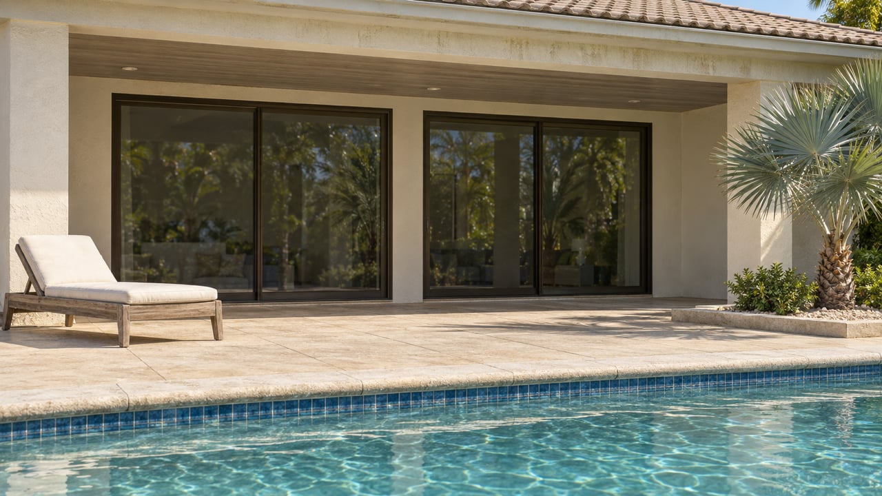 Sunlit residential pool edge beside a shaded stucco terrace, bronze-framed glass doors, a teak lounge chair, and a silver palm.
