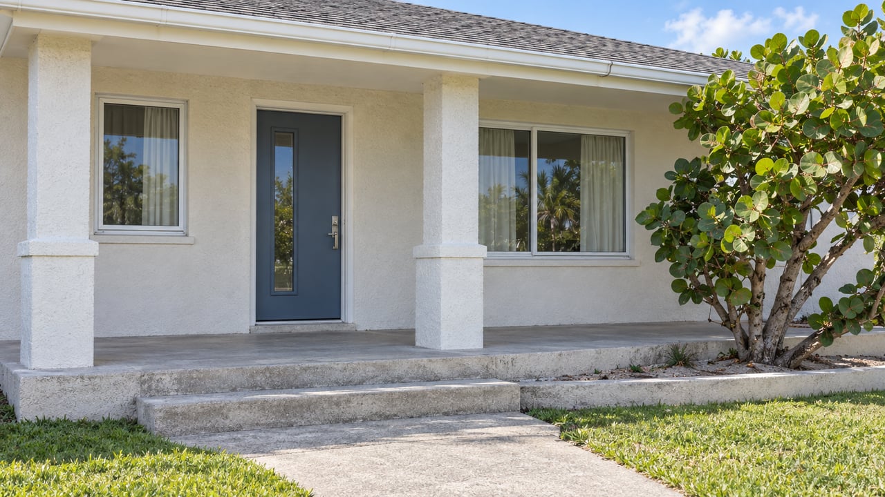 Stucco house front with a covered porch, blue-gray door, and concrete walkway.