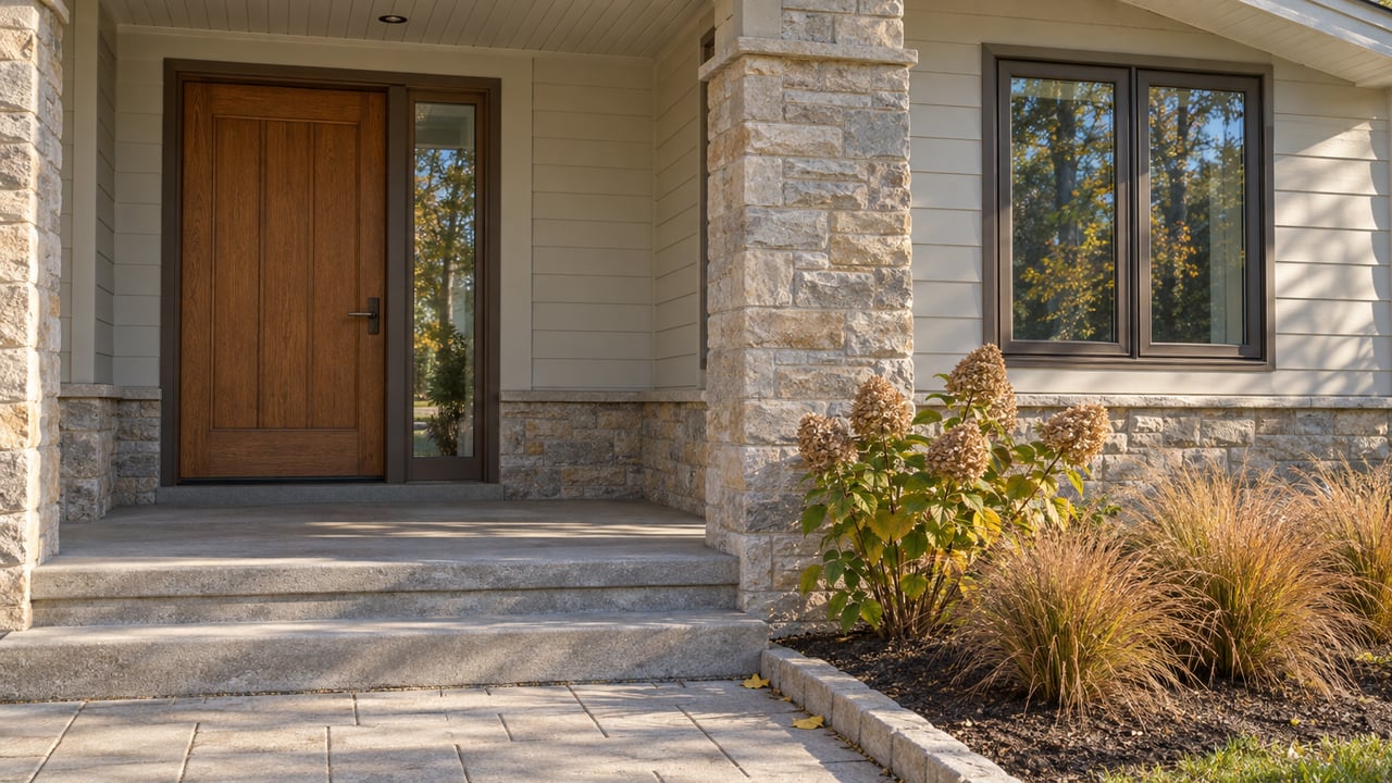 Home entrance with a wooden front door, stone columns, broad steps, and autumn landscaping.