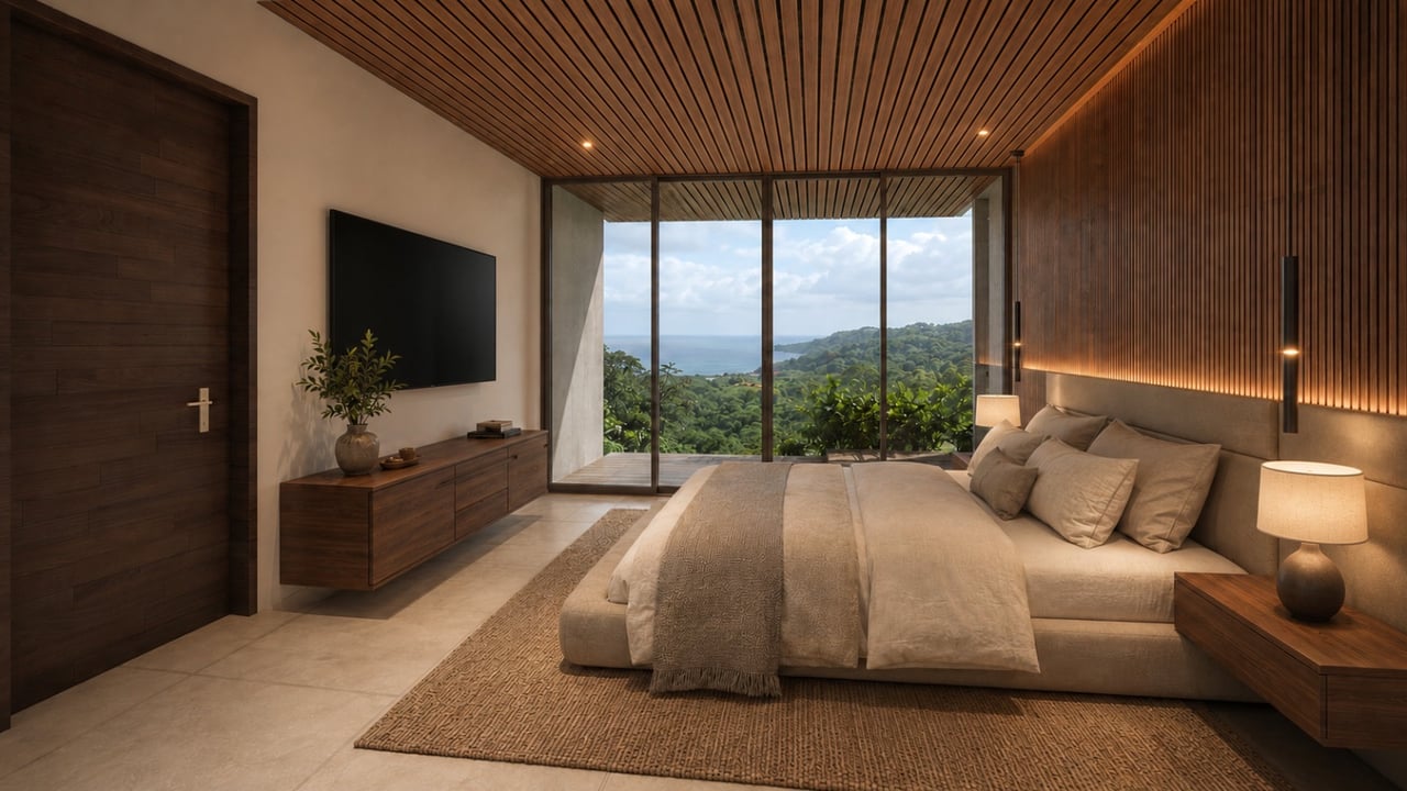Rendered bedroom with a king bed, wood finishes, and ocean views through floor-to-ceiling windows.