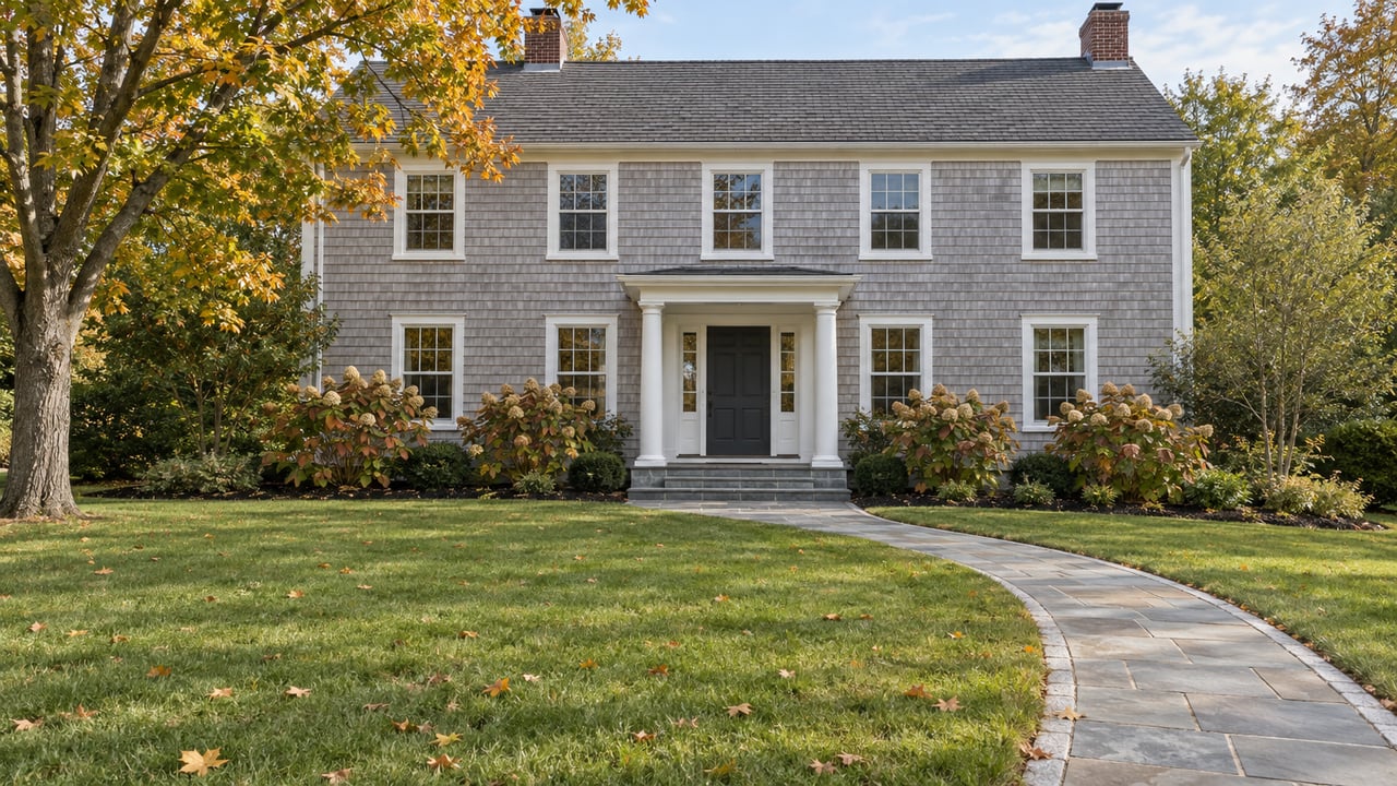 Gray shingle-clad house with white trim, bluestone entry walk and a deep lawn beneath a maple beginning to turn amber.