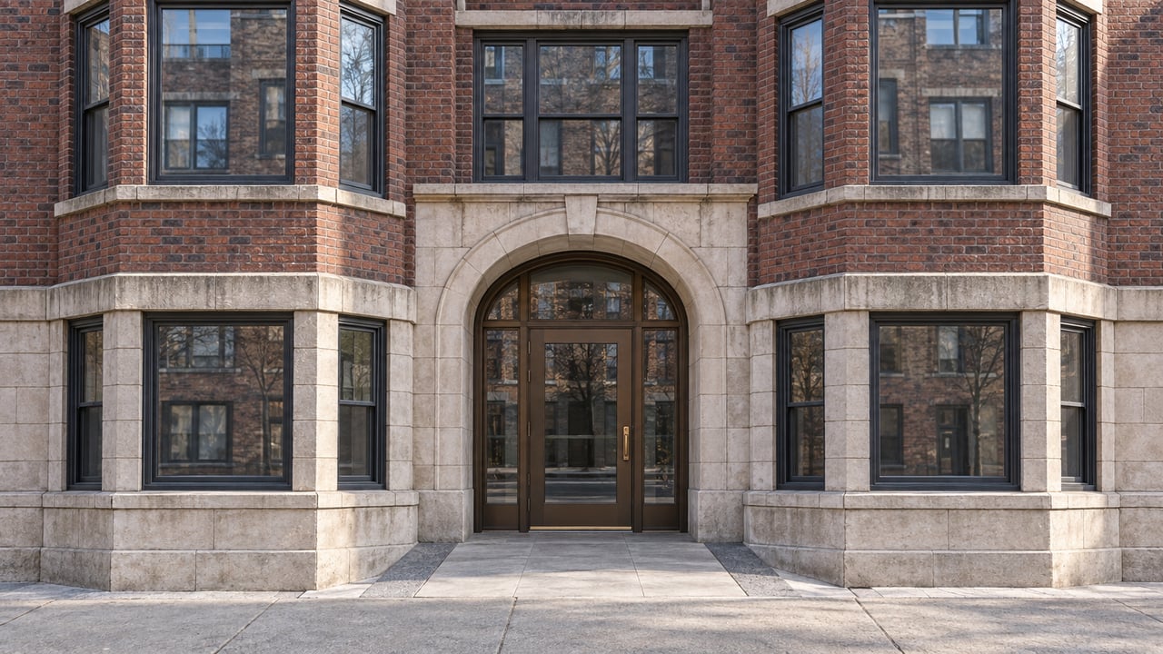 Red-brick condominium facade with projecting window bays, a limestone base and a bronze-framed glazed entrance.