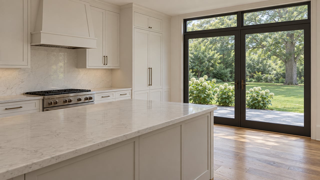 White kitchen with a pale quartz island faces paired glass doors opening onto a lawn and oak tree.