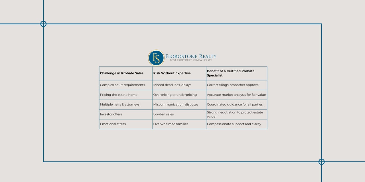 Table of probate sales challenges, risks, and benefits of a Certified Probate Specialist | Florostone Realty