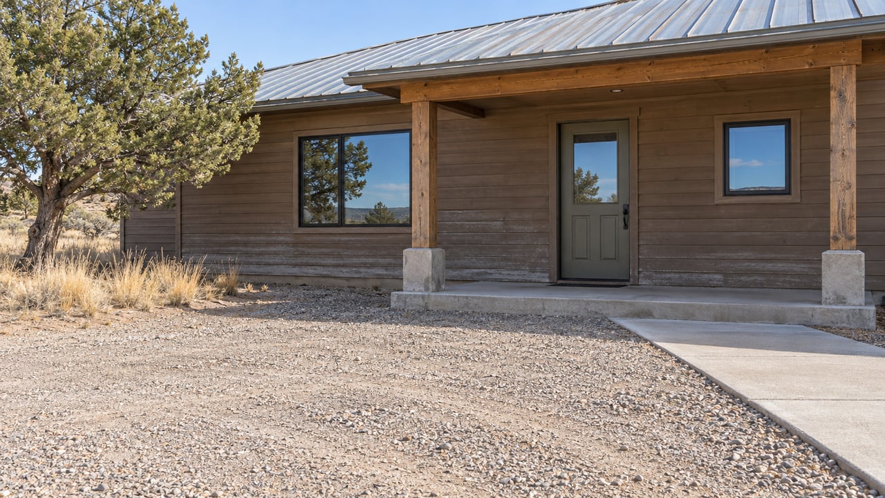 A modest wood-sided ranch home with a covered concrete porch, weathered metal roof and broad gravel approach beside a mature pinyon pine.
