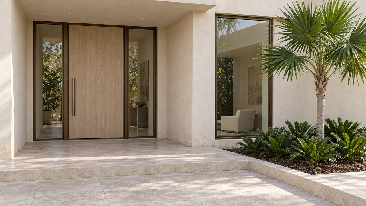 Cream stucco home entrance with a pale oak door, bronze-framed glazing, limestone steps and a sculptural fan palm.