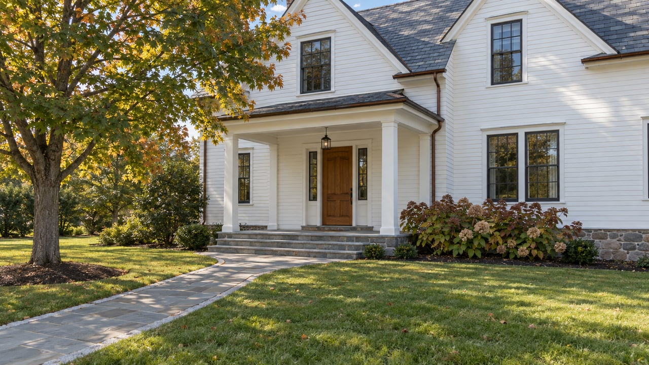 White clapboard house with slate gables, a fieldstone foundation and bluestone porch beyond a broad lawn and an autumn maple.