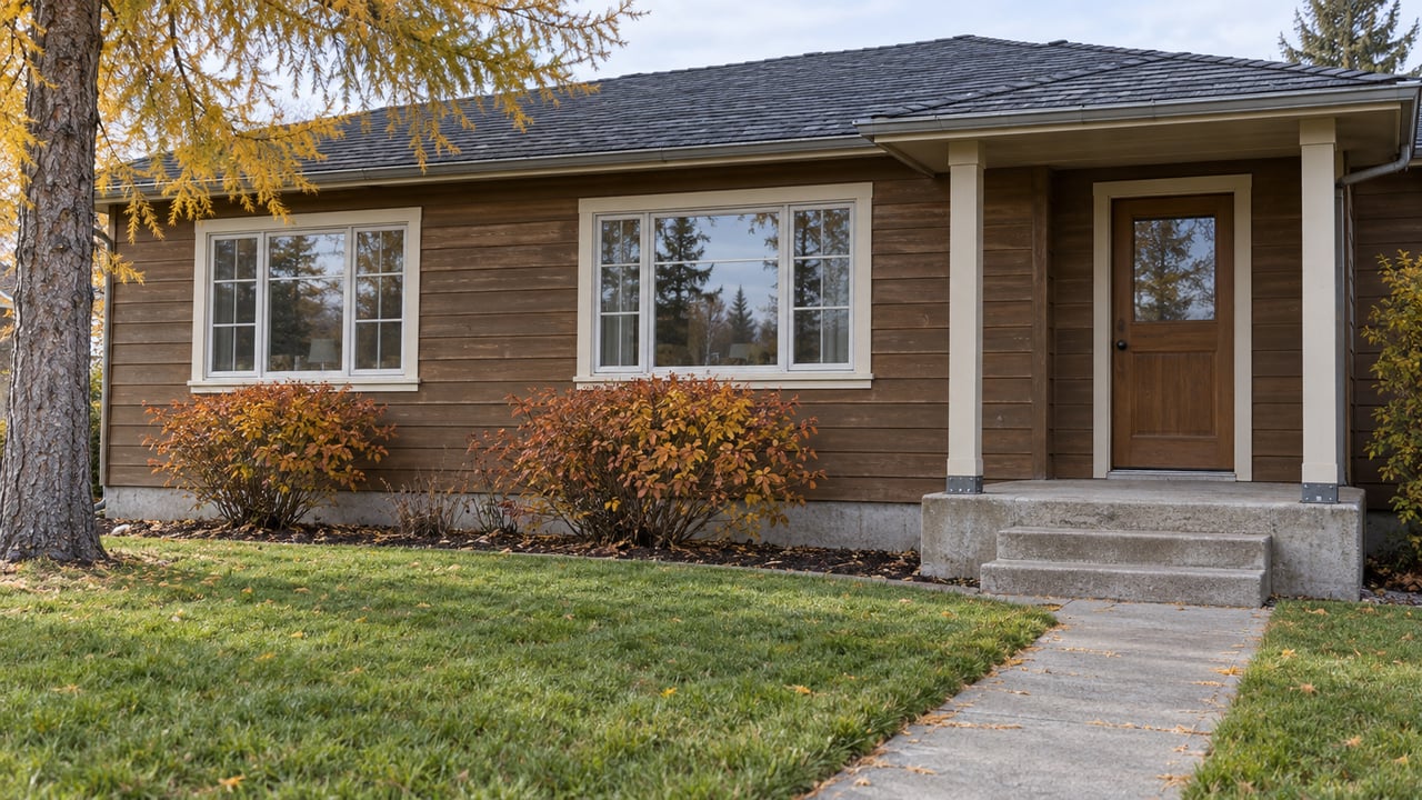 Autumn daylight on a modest wood-sided home, with a deep front lawn, concrete walk and golden larch needles.