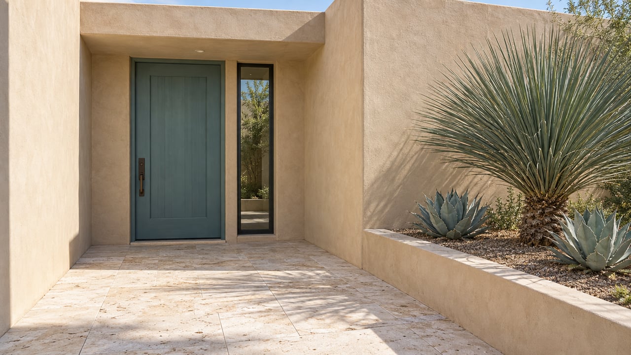 Sand-colored stucco entry with a recessed blue-green door, limestone paving, and spiky desert plants.