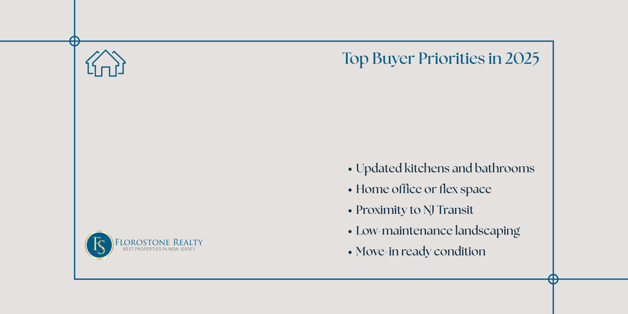 Infographic listing top buyer priorities in Union County in 2025, including renovated interiors, home office space, and train station proximity.