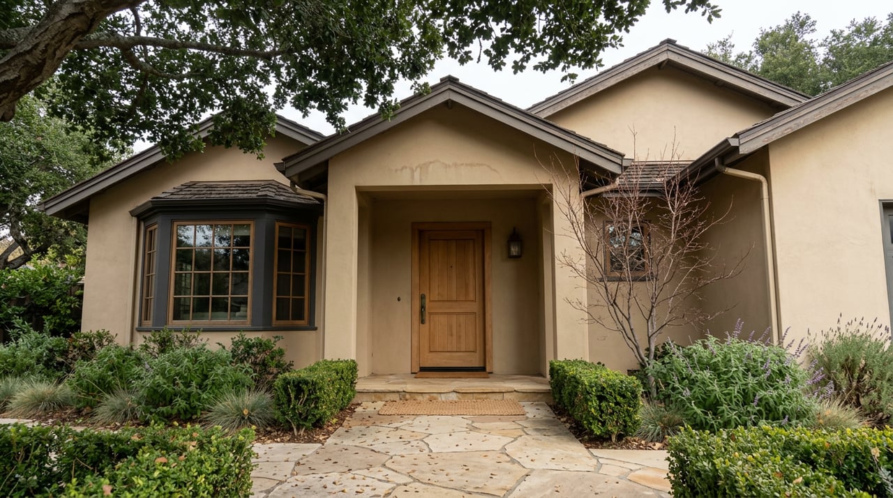 Sand-beige stucco home with a gabled entry, oak door, stone walkway, and overhanging oak canopy.