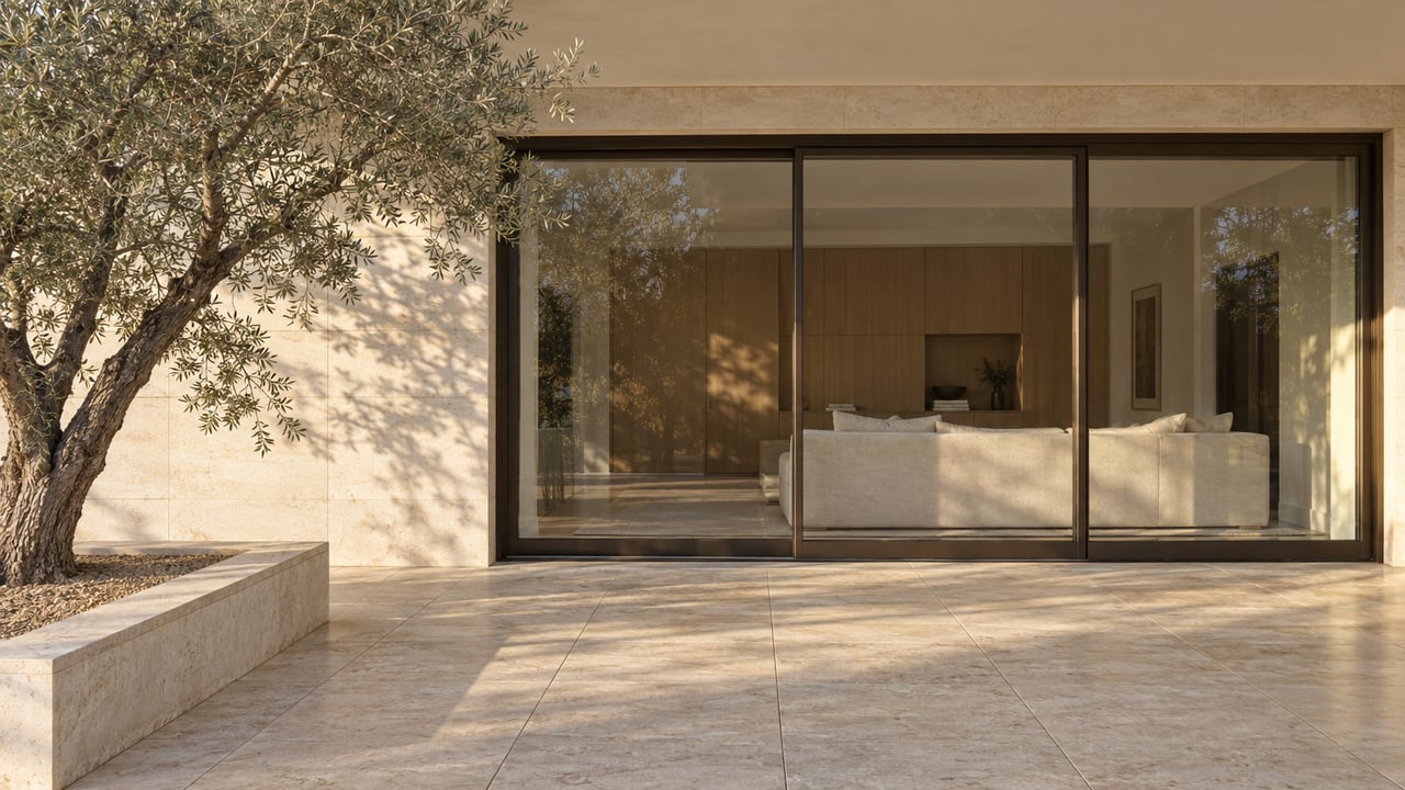 Limestone terrace with bronze-framed sliding glass doors, a raised planter, and an olive-gray tree.